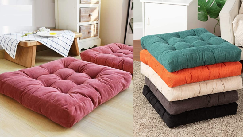 A pile of colorful floor cushions.