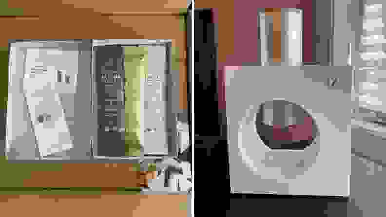 On left, tea packets in box. On right, white tea maker.