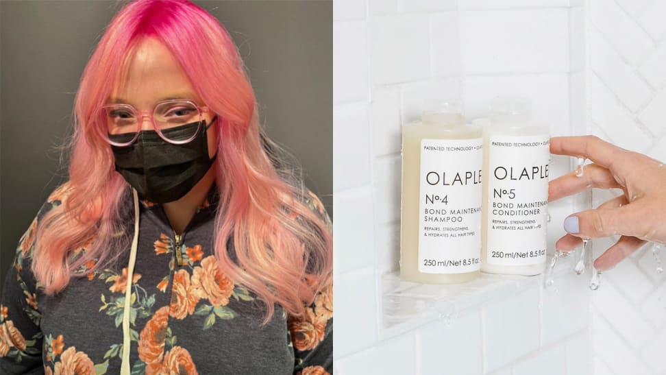 On the left: The author's long, wavy hair that goes from hot pink at the roots to pastel pink at the ends. On the right: A persons hand reaching for a shampoo bottle in a white shower stall.