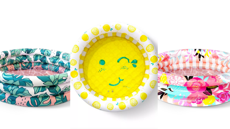 On left, Minnidip's pink, green, and white "That's Banana Leaves" patterned inflatable pool. In middle, ellow, Minnidip's green, and white "Splash of Citrus Minni-Minni" patterned inflatable pool. On left, Minnidip's "Stop and Smell the Rosé" patterned inflatable pool.