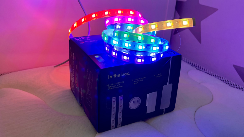 LIFX Lightstrip Color Zones light strip illuminated on a box