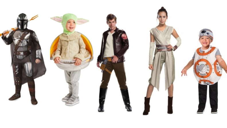 A row of Star Wars characters: the Mandalorian, Baby Yoda, Poe Damron, Rey, and BB-8