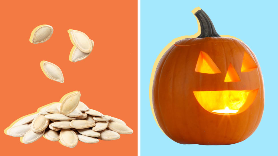 Side-by-side of seeds and a Jack-o-Lantern.