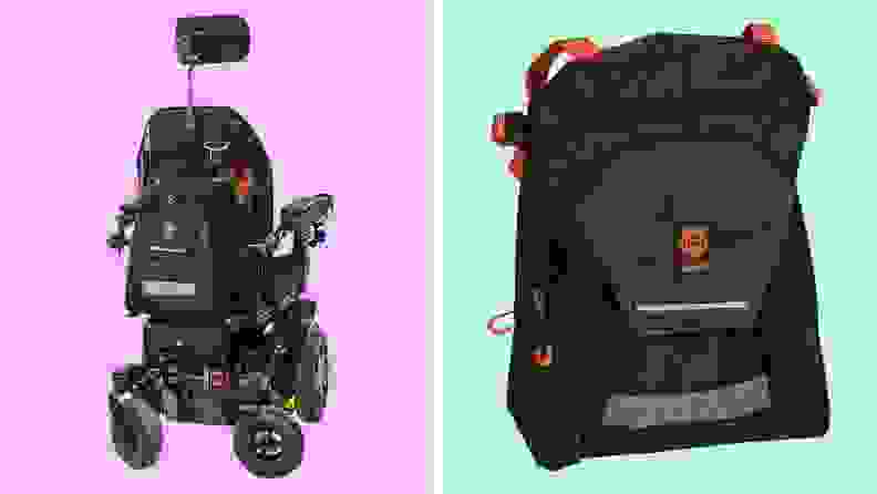 On left, backpack attached to wheelchair. On right, closeup of backpack.