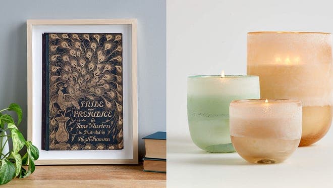 On the left: a framed book cover. On the right: A set of three candles in different sizes