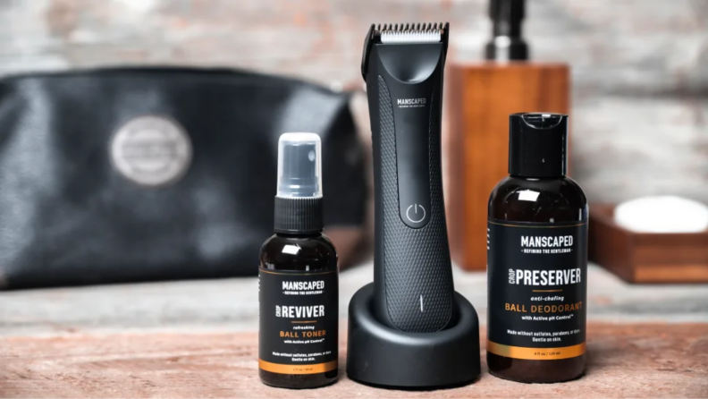 An image of the Manscaped product line including a razor and shaving creams.
