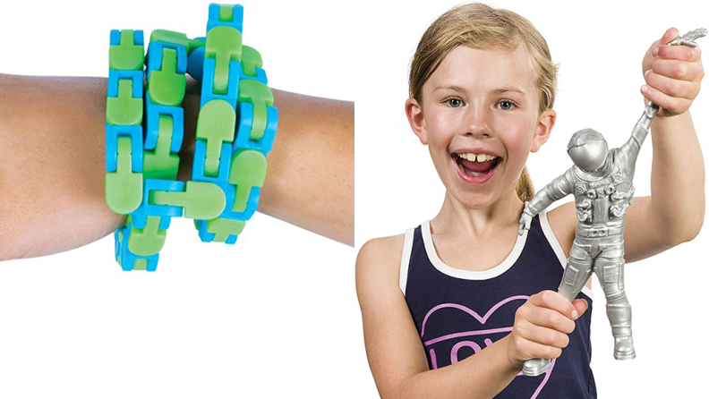 Left: Blue plastic bracelets on a wrist; right: a child stretches the arms of a silver astronaut toy.