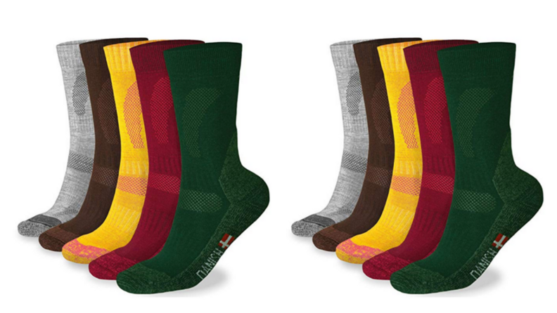 Image of five pairs of wool socks - gray, black, yellow, red, and green. Image is duplicated.