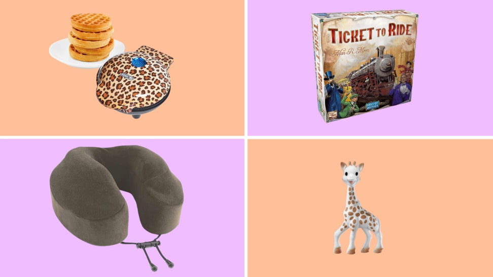 Dash Mini waffle maker, Ticket to Ride game, Cabeau travel pillow, Sophie the Giraffe
