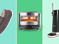 Some of the best gifts for men, including Ugg slippers, a Solo Stove Pizza Maker, and a beer dispenser appear on a multicolored background.