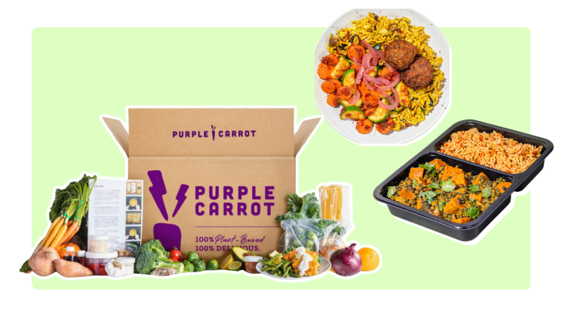 Assorted vegetables surrounding cardboard box next to plant-based pre-packaged meals.