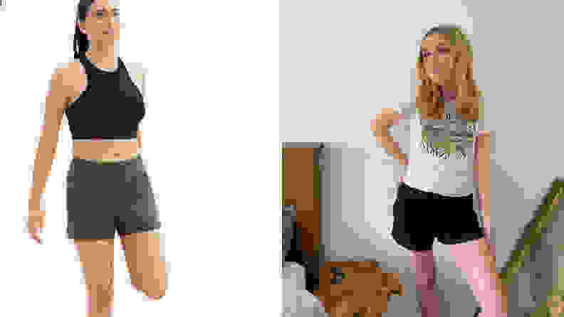 left: thinx model wearing training shorts right: woman wearing thinx training shorts