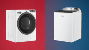 A Whirlpool front-load washer on a red background, and Maytag top-load washer on a blue background