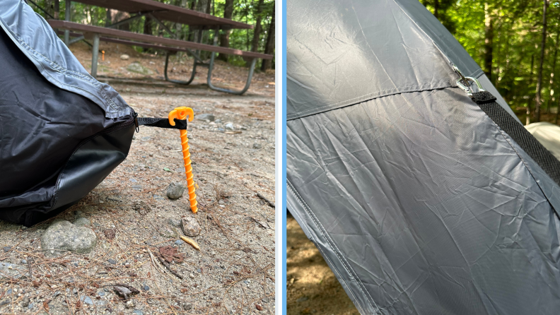 Left: Close-up of the tent's plastic stack. Right: Close-up of one of the tent's leg's being held in place by a strap.