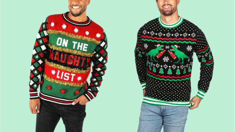 Two ugly Christmas sweaters, one reads 