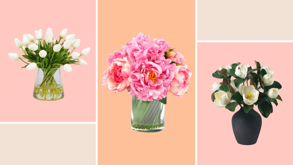 Three different floral vases that consist of white tulips, white Magnolia's, and pink peonies.