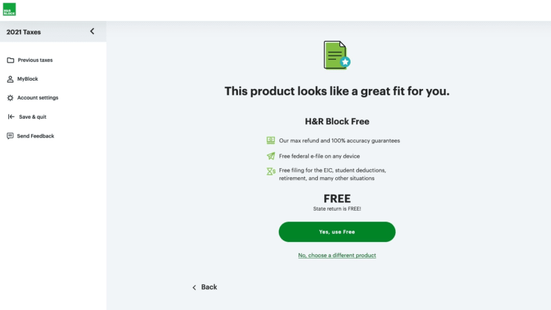 screenshot of H&R Block free tax software that includes EIC, student deductions and retirement