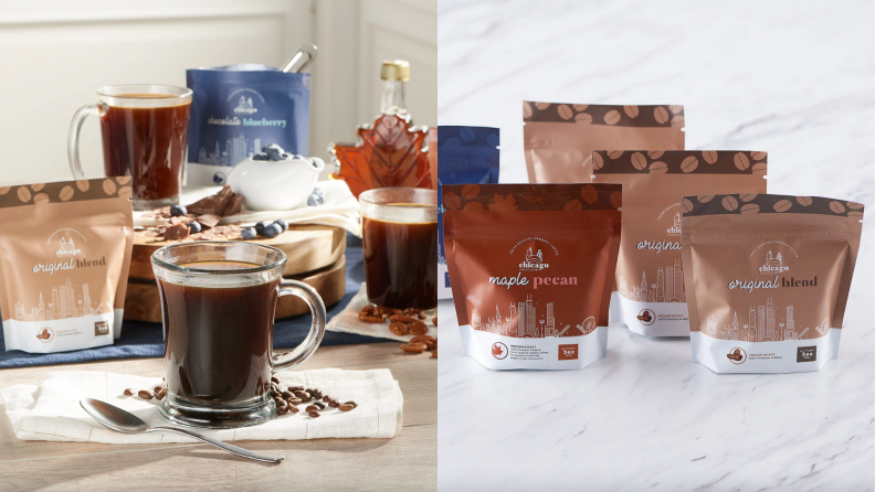 Cups of coffee in front of bags of coffee on kitchen counter.