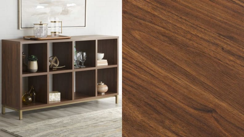 On left, wooden cube storage organizer in living room. On right, close up of brown wood.