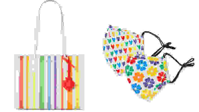 A Kate Spade rainbow bag and Kate Spade face masks, both available to shop during Pride Month 2021.