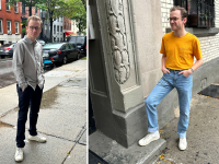 At left, the author wears a gray button-up shirt with black jeans, and on the right is the author in a yellow T-shirt and blue jeans.