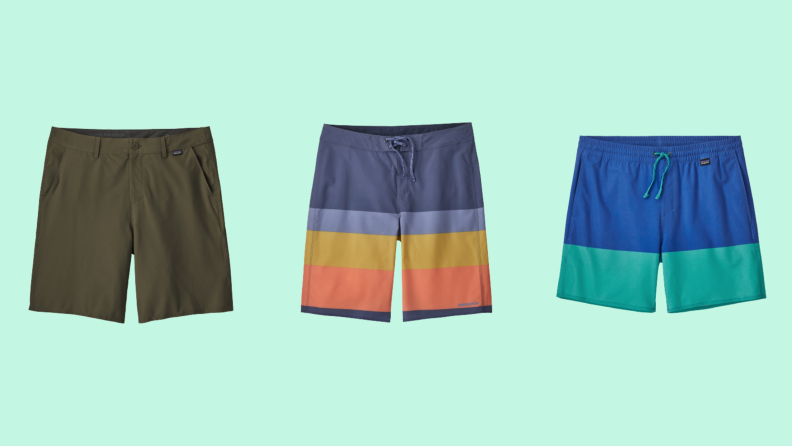 Three men's swimsuits: One in olive green, one with stripes, and one in a colorblock.