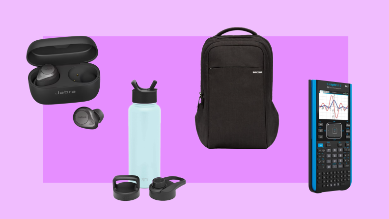 On a purple background: Jabra ear buds, a light blue water Simple Modern water bottle, an InCase backpack, and a graphing calculator.