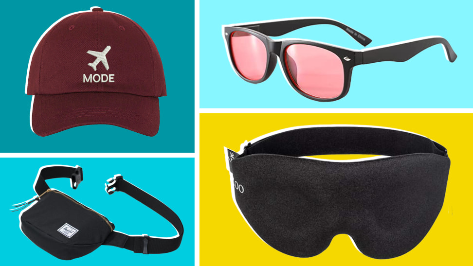 Maroon baseball cap, black fanny pack, black eye mask and rose-colored sunglasses.
