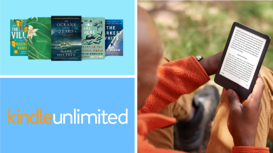 A collection of books next to the Kindle Unlimited logo and someone holding a Kindle.