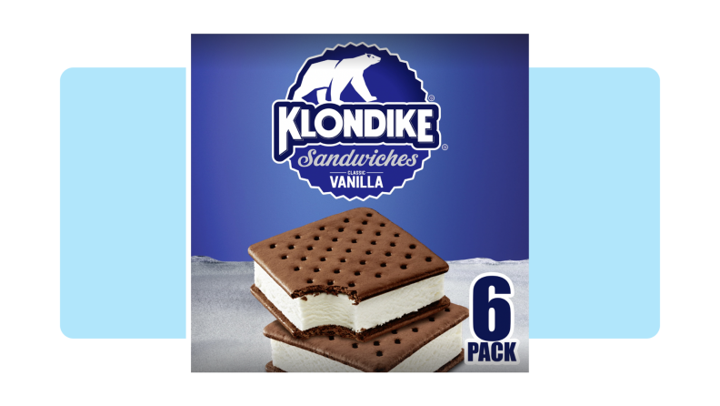 A box of Klondike ice cream sandwiches in front of a background.