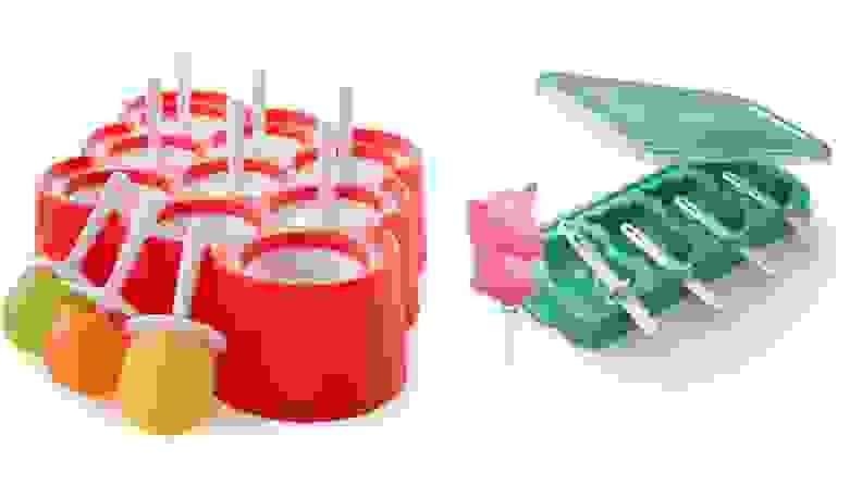 Two different popsicle-making kits are shown side-by-side. The one on the right products enicorn-shaped popsicles; the other makes quasispherical ones.