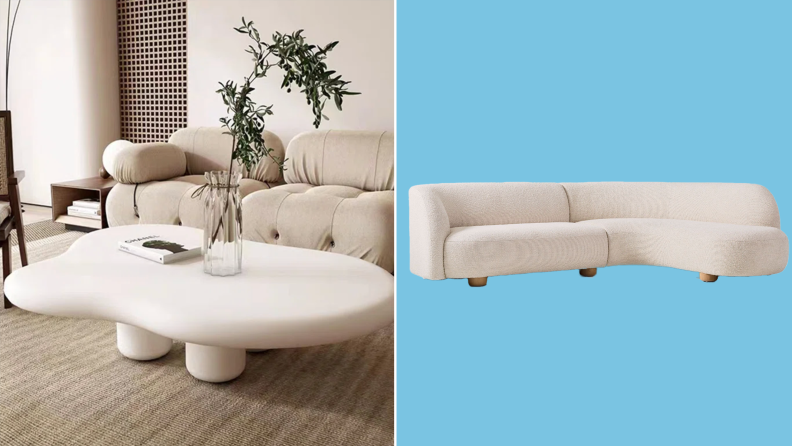 Photo collage of a cream, abstract-shaped coffee table and a cream, curved upholstered couch.