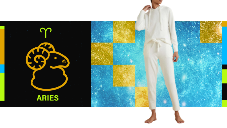 On the left is the symbol for Aries, and on the right is a model wearing a matching white lounge set.