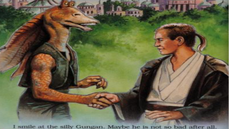 Illustration of Obi-Wan Kenobi and Jar Jar Binks with caption