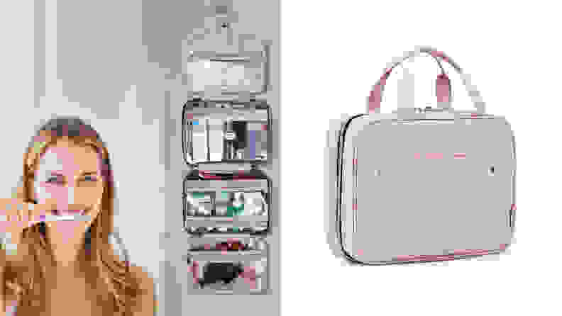 On the left: A person with blonde hair smiles while brushing her teeth. A Bagsmart cosmetic case hangs on the wall behind them. On the right: A pink Bagsmart cosmetic bag sits upright with its pocket zipped shut and handles standing up.