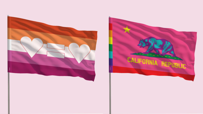 Lesbian flag with two white hearts and an equals sign on it, next to the California flag that's rainbow colored