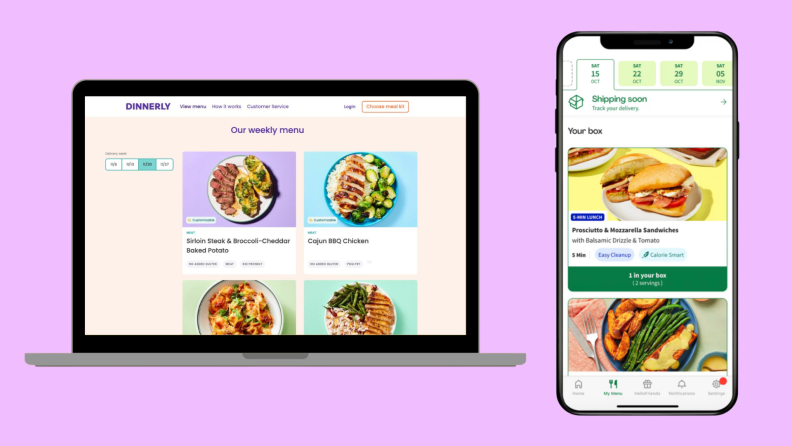 Screenshots of a smartphone and a tablet browsing Dinnerly and HelloFresh.