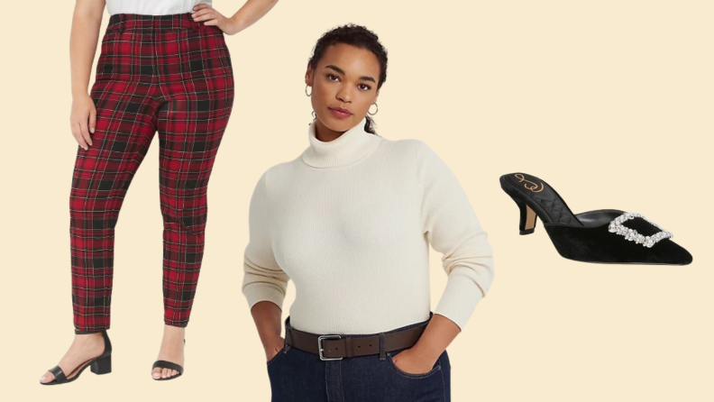 Collage of a model wearing plaid pants, a model wearing a cream-colored turtleneck, and a black mule shoe with a silver buckle.