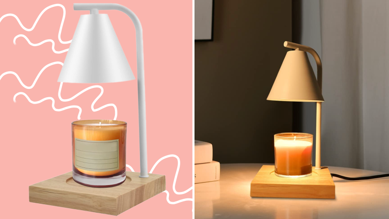 On left, product shot of Sokcvsea Fragrance Candle Warmer Lamp. On right, Sokcvsea  Fragrance Candle Warmer Lamp on table surface inside of home.