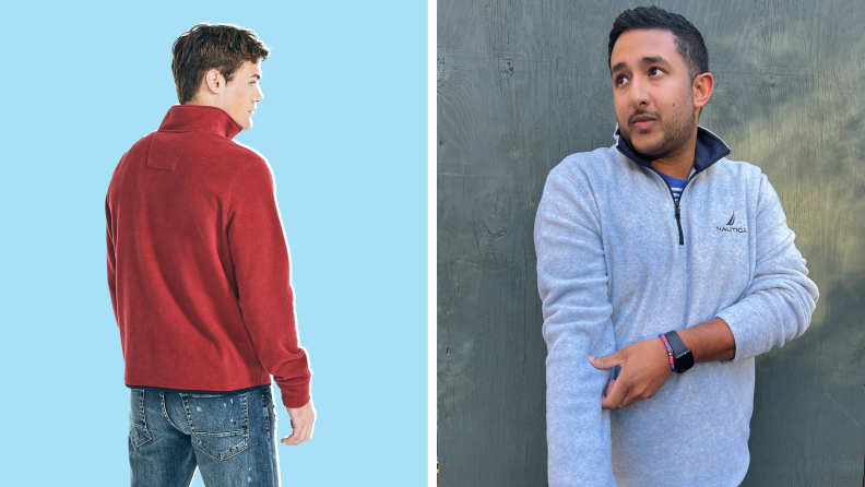 Collage of two men wearing a fleece sweatshirt. One is red and the other is a gray sweatshirt.