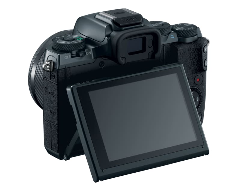 The Canon M5's rear LCD can tip up or down, flipping all the way forward to face your subject.