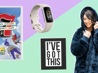 Photo collage of depression journal, Nintendo video game, fitness watch and a model wearing a cozy weighted hoodie.
