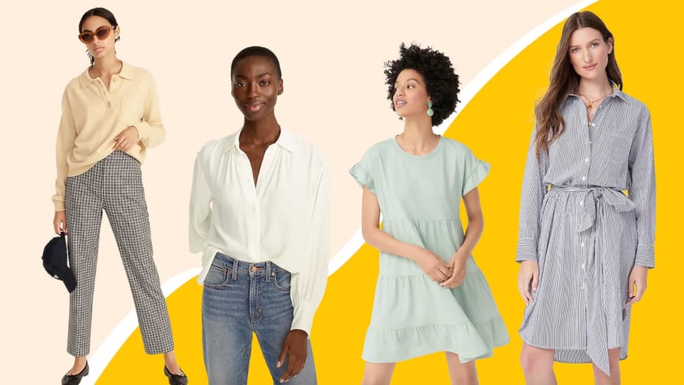 Stylish women's clothes against a yellow background