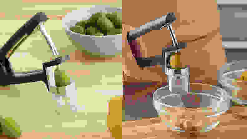 Two photos show the OXO pitter, made for punching the holes in olives.