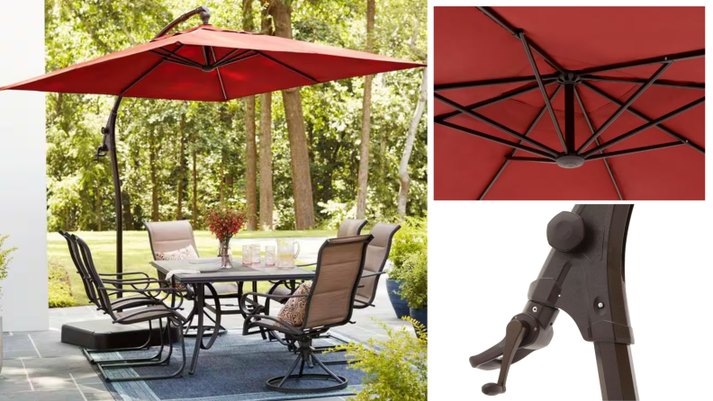 A red Hampton Bay Cantilever Offset Patio Umbrella shades a patio table. At right is a detail of the underside of the umbrella and a close-up of its crank.
