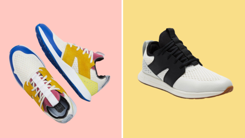 Two pairs of sneakers: On the left is a pair of colorful sneakers, and on the right is the same shoe but in black and white.
