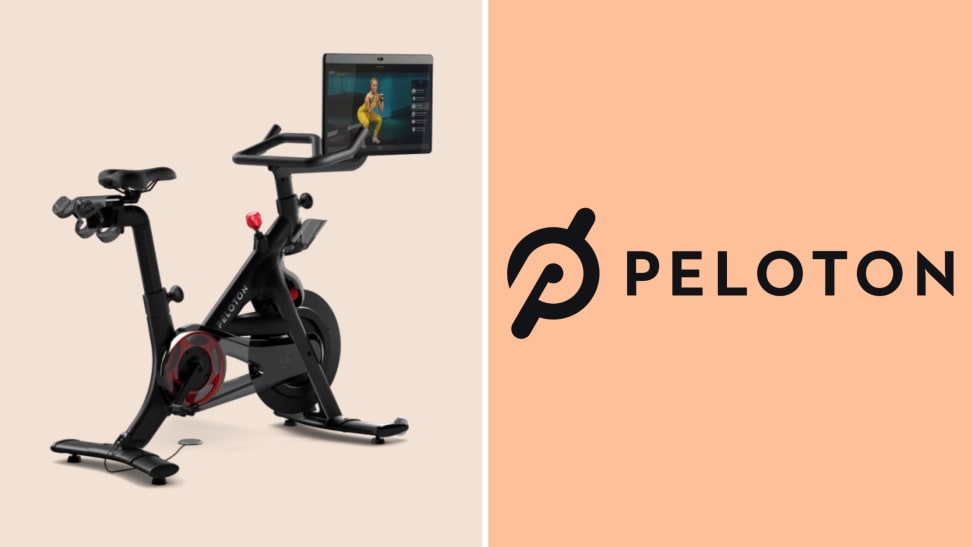 A Peloton Bike next to the brand logo on a colorful background.