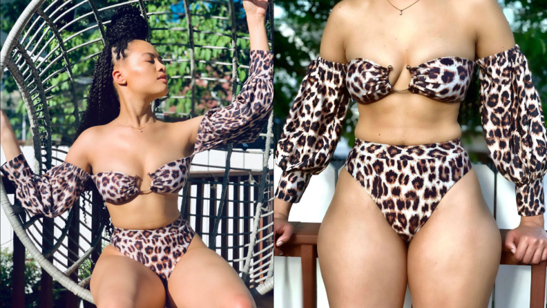Model displaying cheetah print long-sleeved swimsuit while sit down.