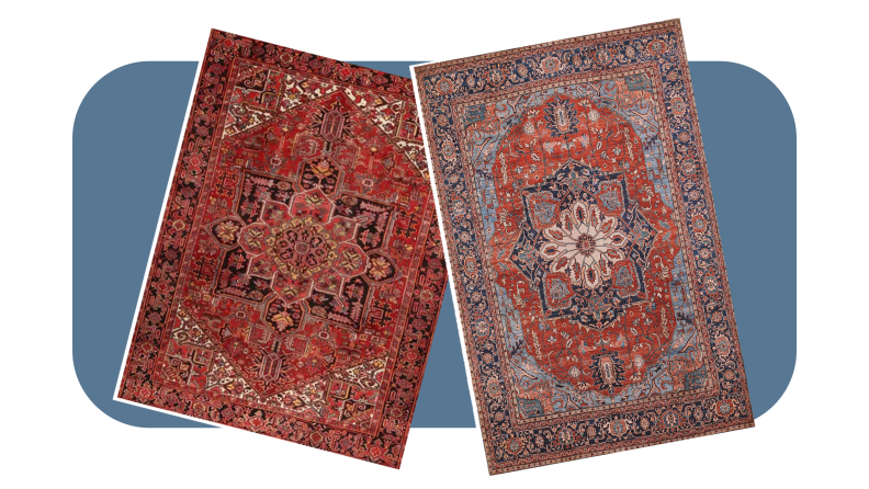 Product shots of the Bungalow Rose's Red and Black rug and Pottery Barn's Sarina Persian Style Rug.