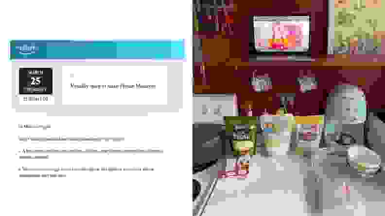 Left: A screenshot of the details for an Amazon Explore class. Right: Ingredients for macarons arranged on a kitchen countertop beneath a shelf that holds a laptop with the virtual class playing on the screen.